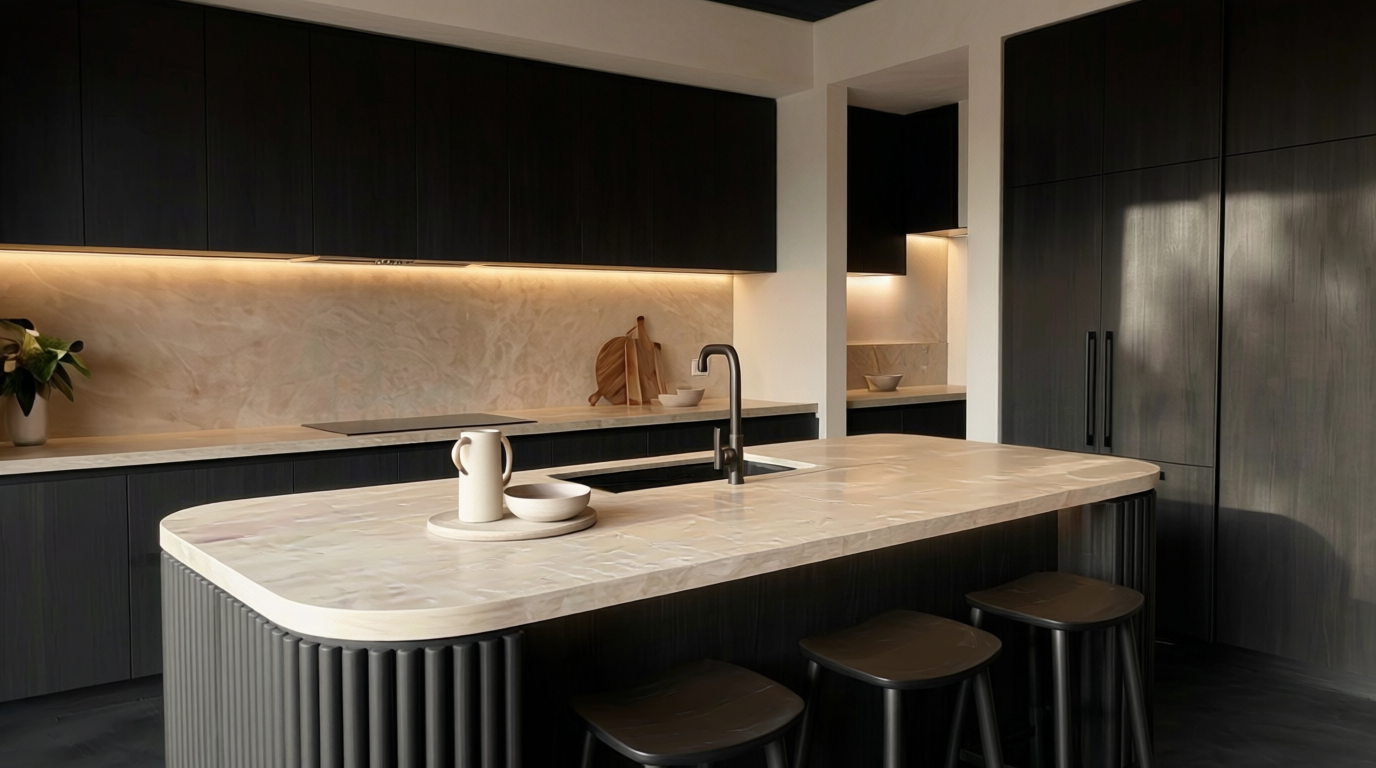 AVENOR kitchen in Charcoal Oak finish with dark cabinetry, integrated lighting and a natural stone island