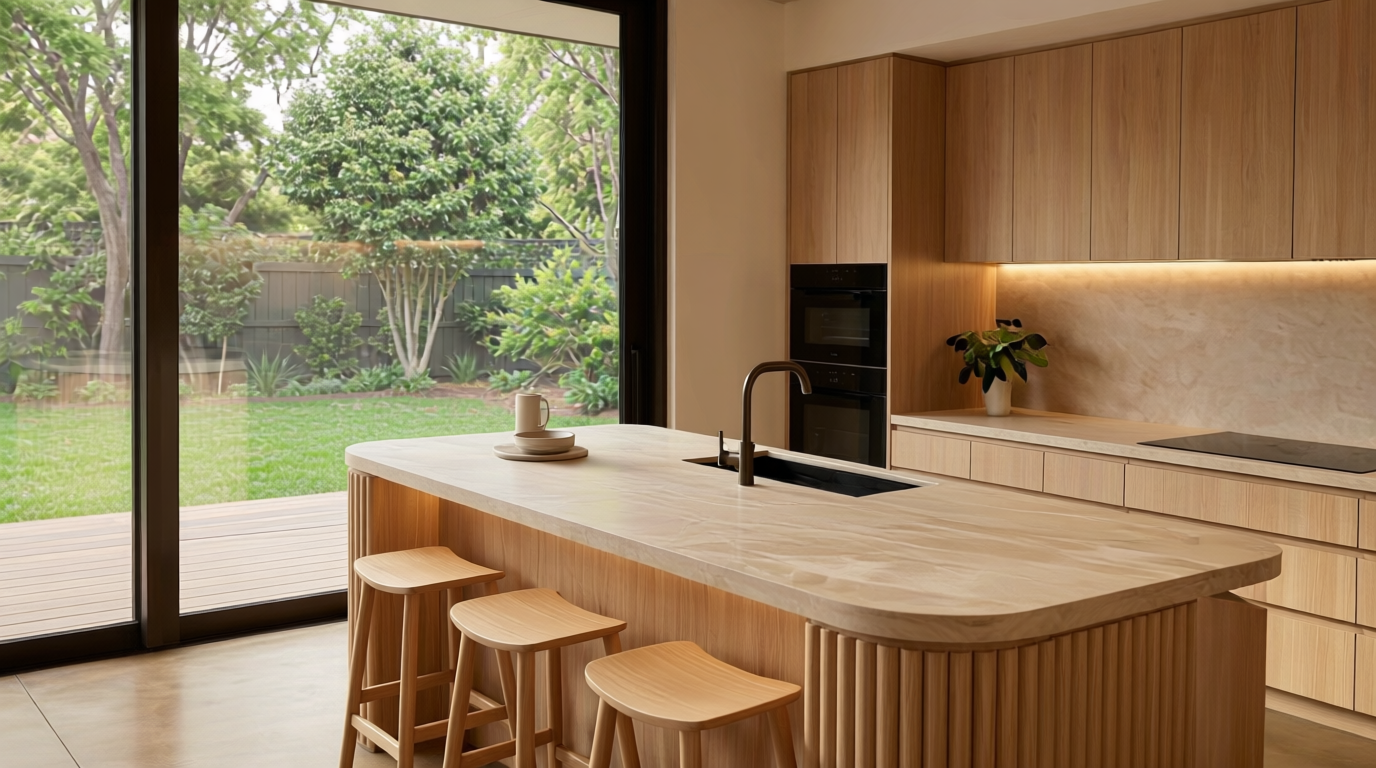 AVENOR kitchen in Natural Oak finish with timber cabinetry opening onto a garden view