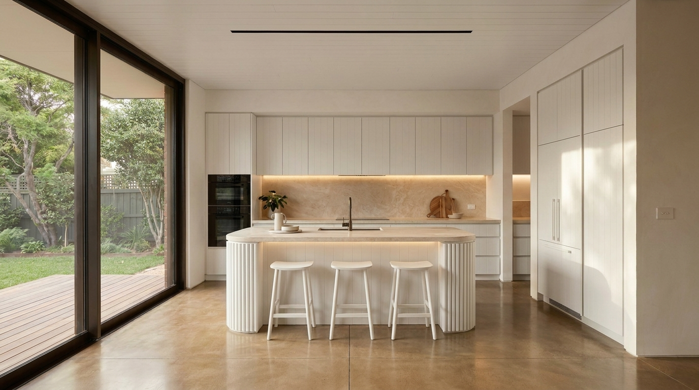 AVENOR kitchen in Soft White Oak finish with a fluted island and natural light