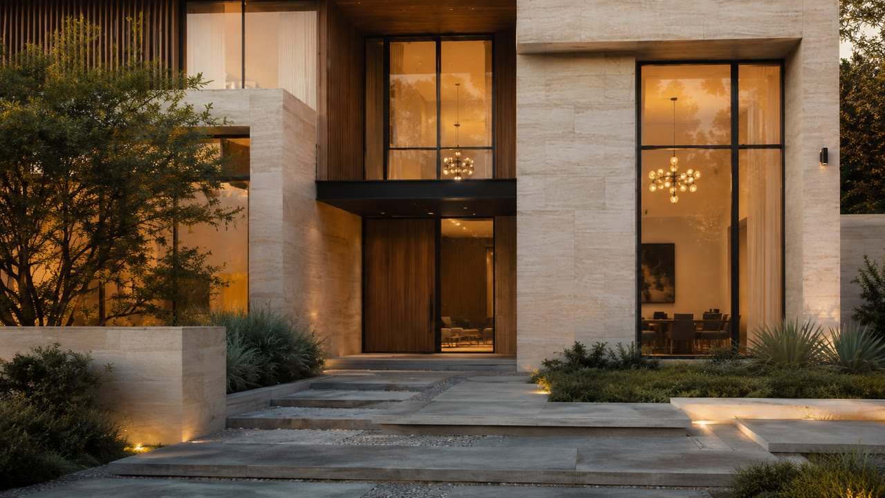 The exterior approach to the residence's main entrance.