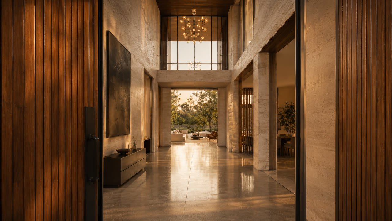 The entrance foyer of the residence, door open.