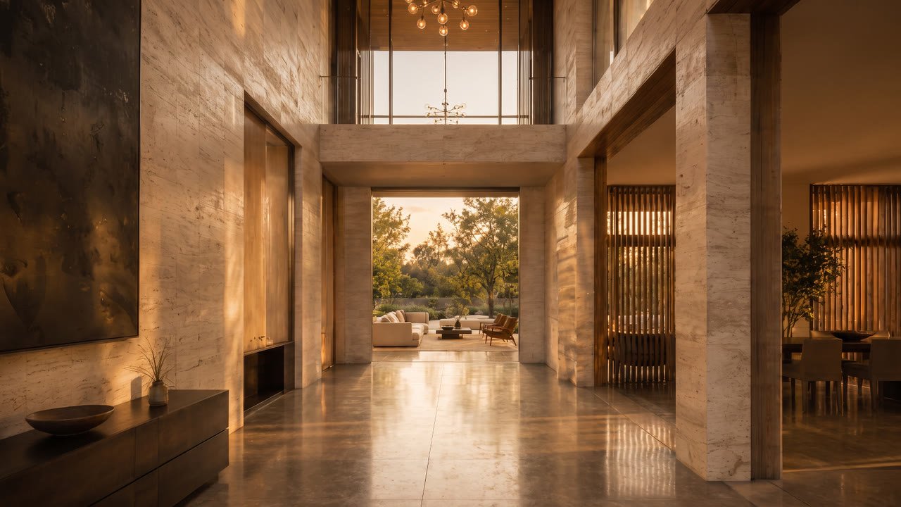 The central foyer, travertine walls and timber screens.