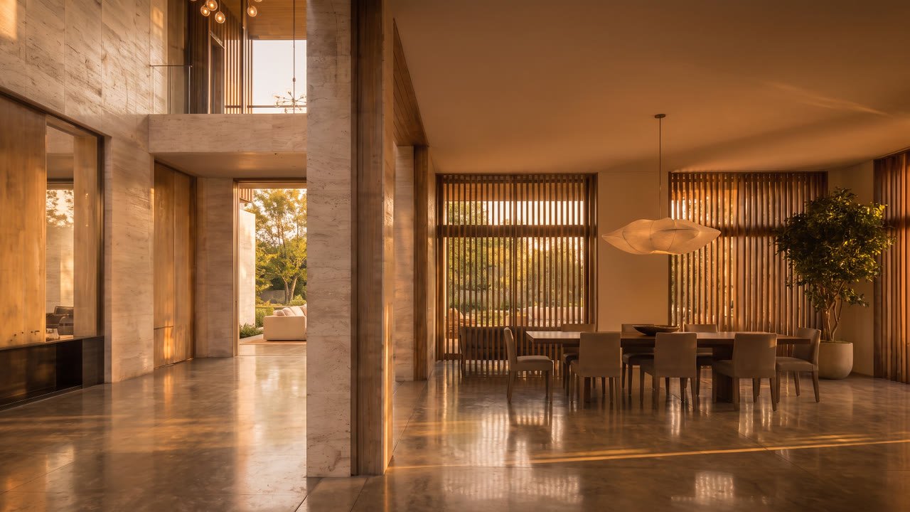 The dining room, table and chairs, golden-hour light.