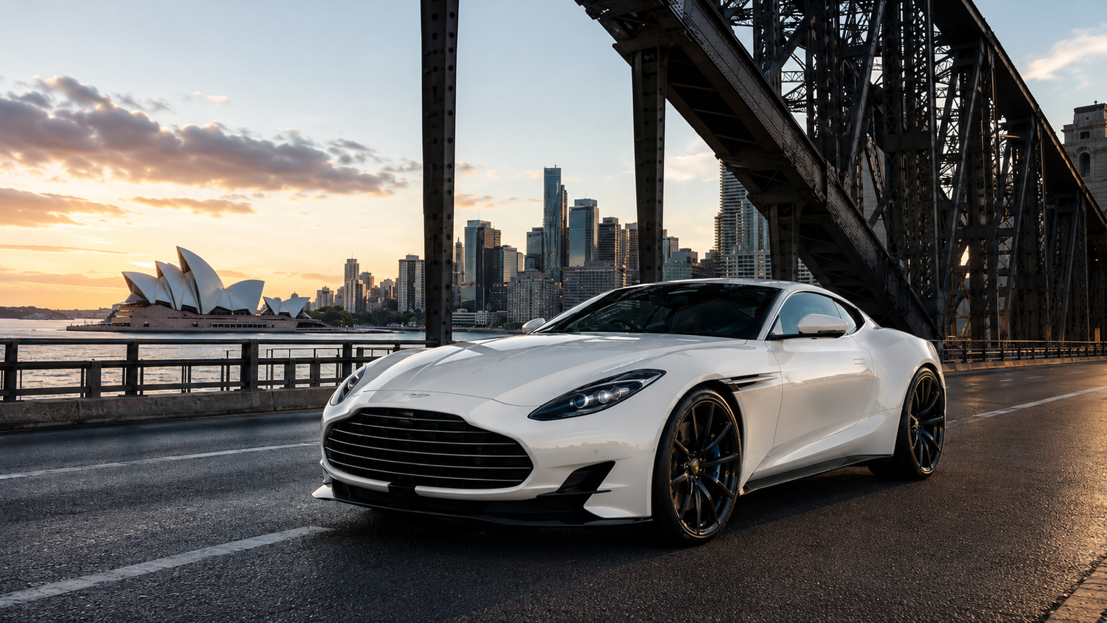 White luxury performance car driving across the Sydney Harbour Bridge, with the Sydney Opera House and city skyline in the background